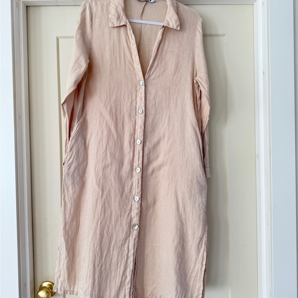 100% linen Button-Up Long Sleeve Dress pink beige with pockets